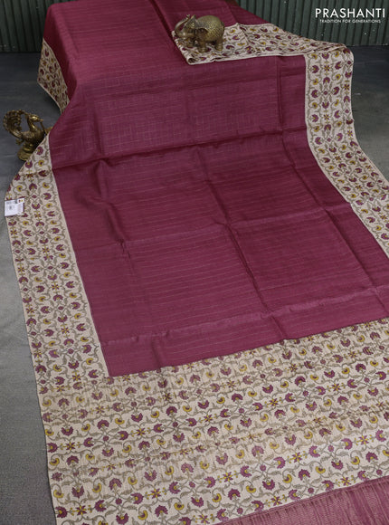 Pure tussar silk saree maroon and beige with allover zari checked pattern and kalamkari printed border