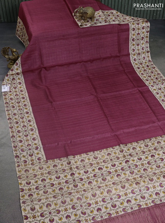 Pure tussar silk saree maroon and beige with allover zari checked pattern and kalamkari printed border