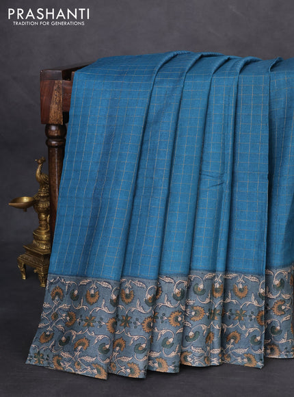 Pure tussar silk saree cs blue and grey with allover zari checked pattern and kalamkari printed border