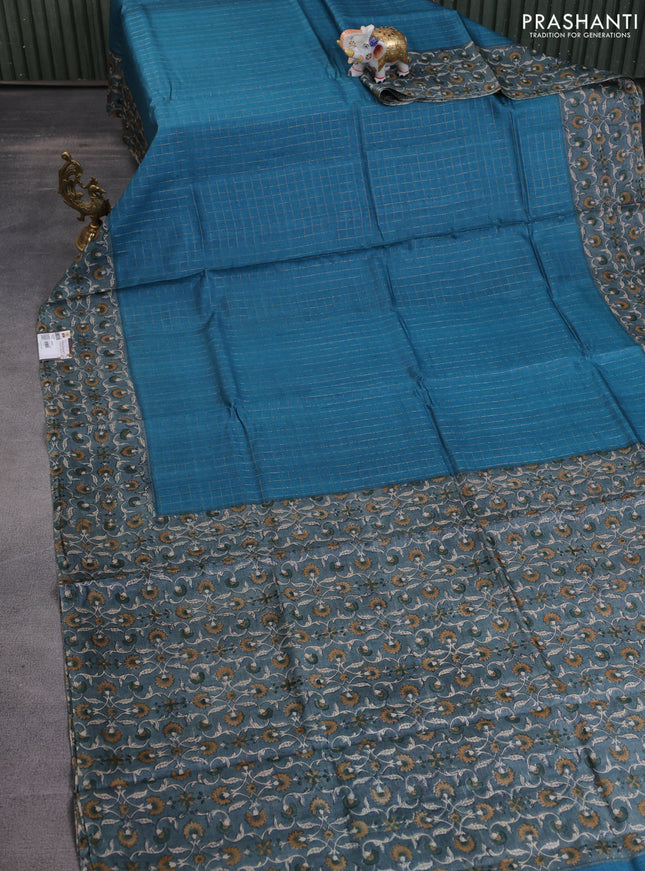 Pure tussar silk saree cs blue and grey with allover zari checked pattern and kalamkari printed border