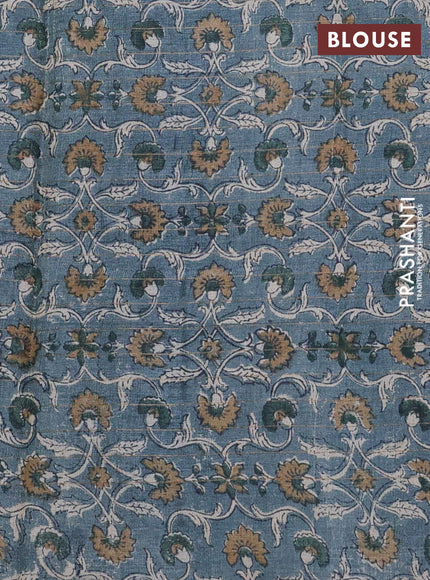 Pure tussar silk saree cs blue and grey with allover zari checked pattern and kalamkari printed border