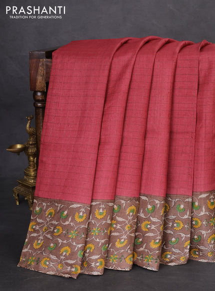 Pure tussar silk saree maroon and brown with allover zari checked pattern and kalamkari printed border