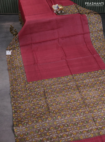 Pure tussar silk saree maroon and brown with allover zari checked pattern and kalamkari printed border