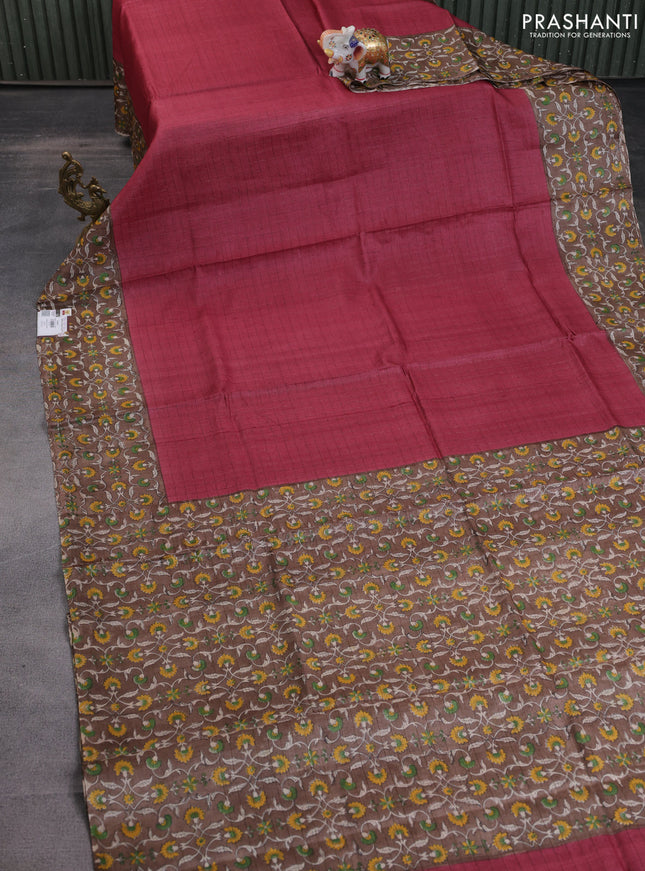 Pure tussar silk saree maroon and brown with allover zari checked pattern and kalamkari printed border