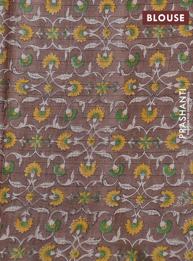 Pure tussar silk saree maroon and brown with allover zari checked pattern and kalamkari printed border