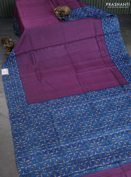 Pure tussar silk saree purple and blue with allover zari checked pattern and kalamkari printed border