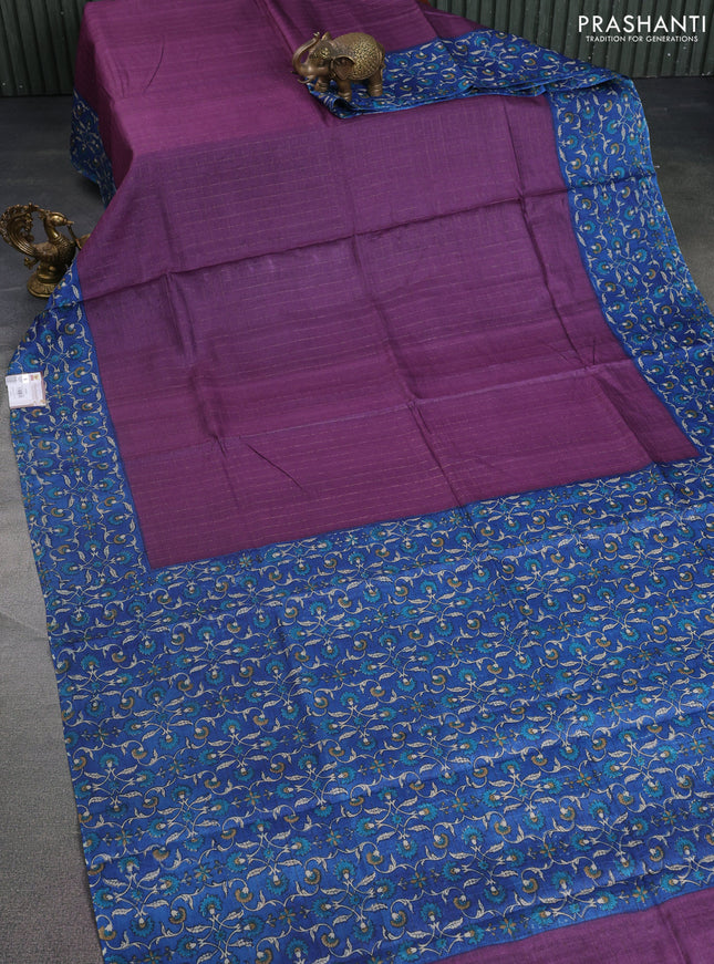 Pure tussar silk saree purple and blue with allover zari checked pattern and kalamkari printed border