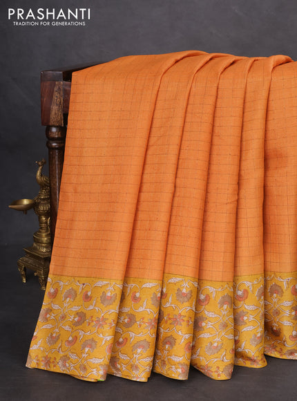 Pure tussar silk saree pale orange and mustard yellow with allover zari checked pattern and kalamkari printed border