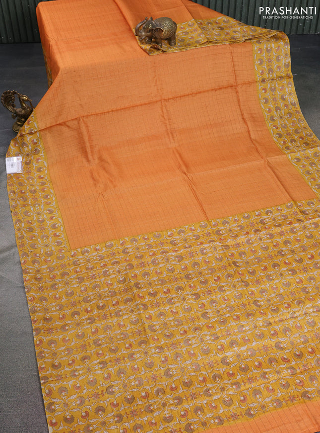 Pure tussar silk saree pale orange and mustard yellow with allover zari checked pattern and kalamkari printed border