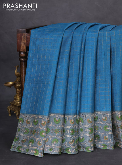 Pure tussar silk saree cs blue and grey with allover zari checked pattern and kalamkari printed border