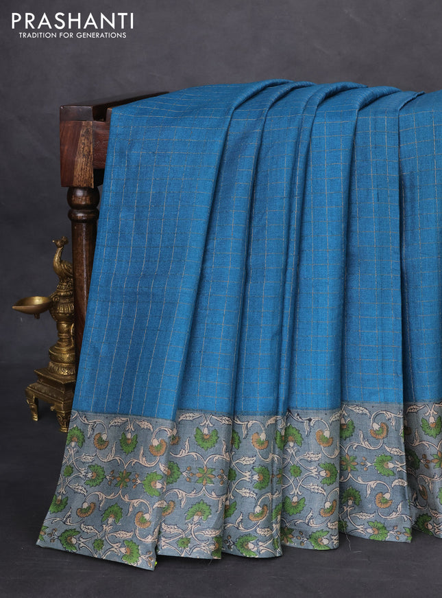 Pure tussar silk saree cs blue and grey with allover zari checked pattern and kalamkari printed border