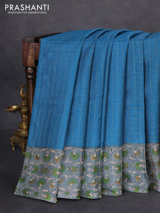 Pure tussar silk saree cs blue and grey with allover zari checked pattern and kalamkari printed border