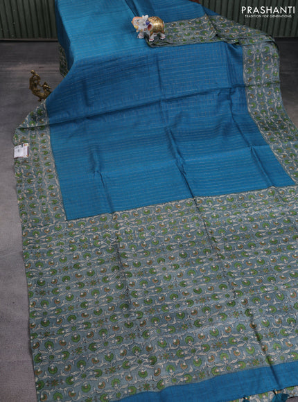 Pure tussar silk saree cs blue and grey with allover zari checked pattern and kalamkari printed border