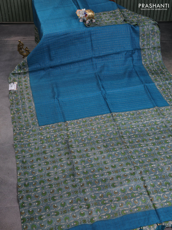 Pure tussar silk saree cs blue and grey with allover zari checked pattern and kalamkari printed border