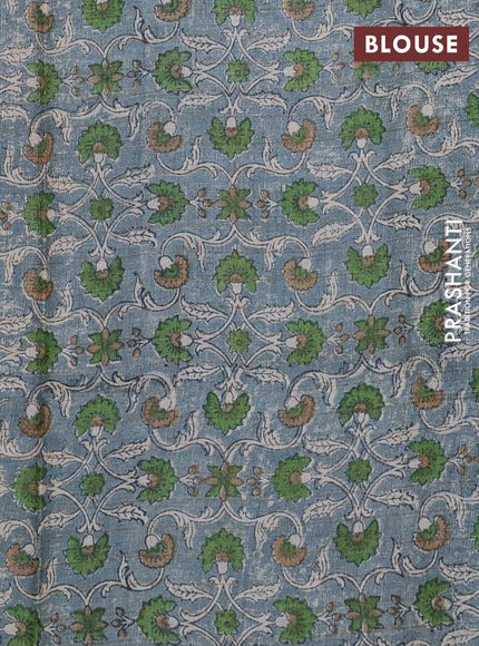 Pure tussar silk saree cs blue and grey with allover zari checked pattern and kalamkari printed border