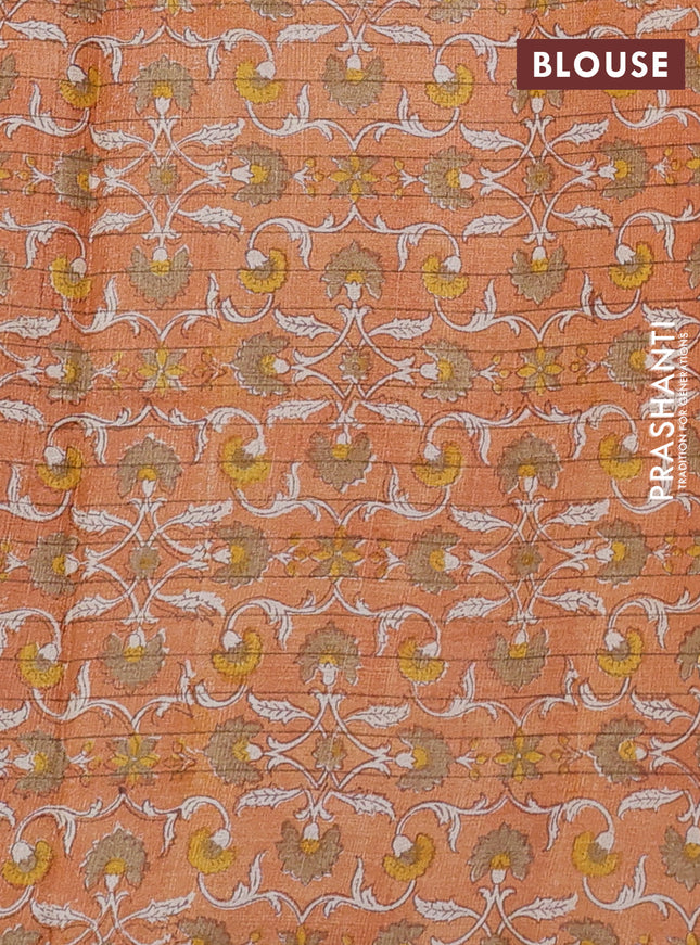 Pure tussar silk saree yellow and orange with allover zari checked pattern and kalamkari printed border