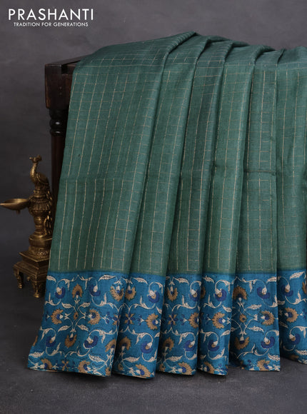Pure tussar silk saree dark green and cs blue with allover zari checked pattern and kalamkari printed border