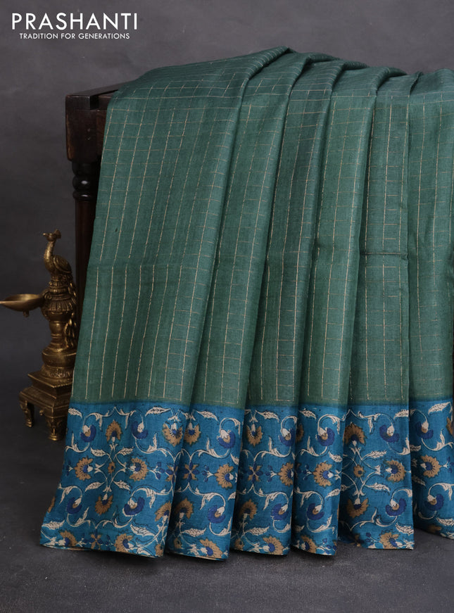 Pure tussar silk saree dark green and cs blue with allover zari checked pattern and kalamkari printed border