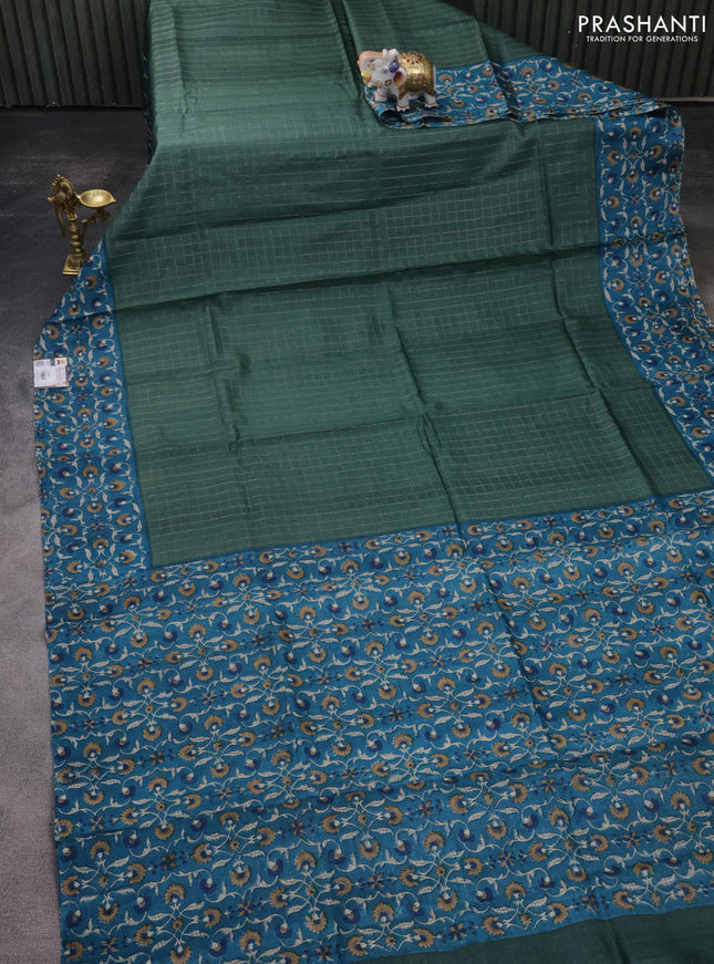 Pure tussar silk saree dark green and cs blue with allover zari checked pattern and kalamkari printed border
