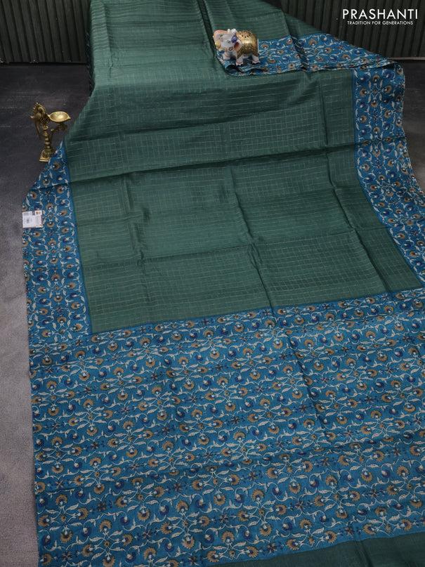 Pure tussar silk saree dark green and cs blue with allover zari checked pattern and kalamkari printed border