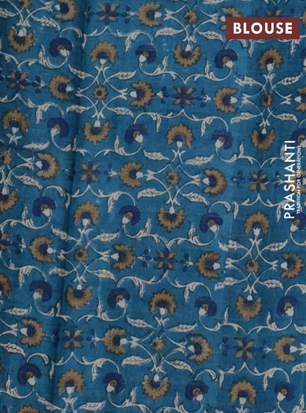 Pure tussar silk saree dark green and cs blue with allover zari checked pattern and kalamkari printed border
