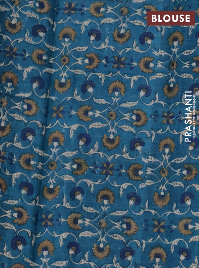 Pure tussar silk saree dark green and cs blue with allover zari checked pattern and kalamkari printed border