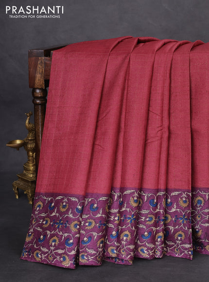 Pure tussar silk saree maroon and wine shade with allover zari checked pattern and kalamkari printed border