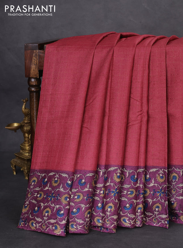 Pure tussar silk saree maroon and wine shade with allover zari checked pattern and kalamkari printed border