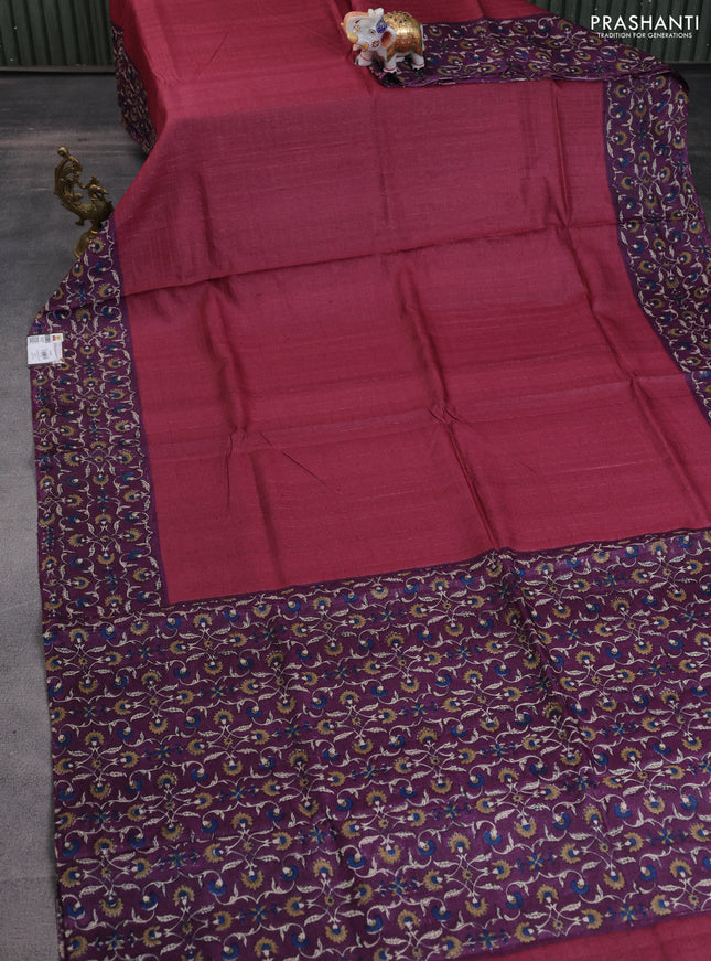 Pure tussar silk saree maroon and wine shade with allover zari checked pattern and kalamkari printed border