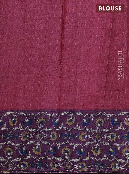 Pure tussar silk saree maroon and wine shade with allover zari checked pattern and kalamkari printed border