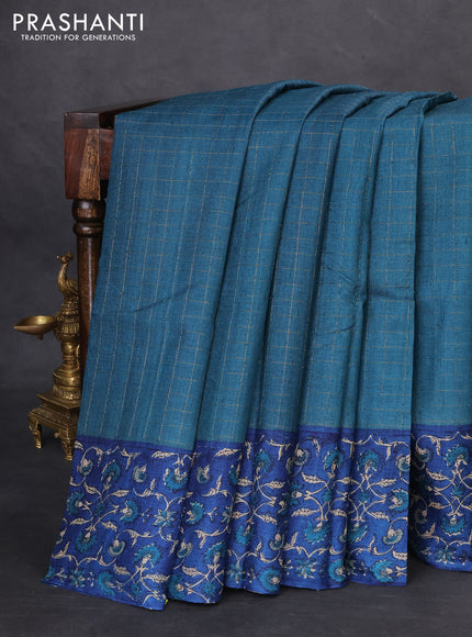 Pure tussar silk saree cs blue and blue with allover zari checked pattern and kalamkari printed border