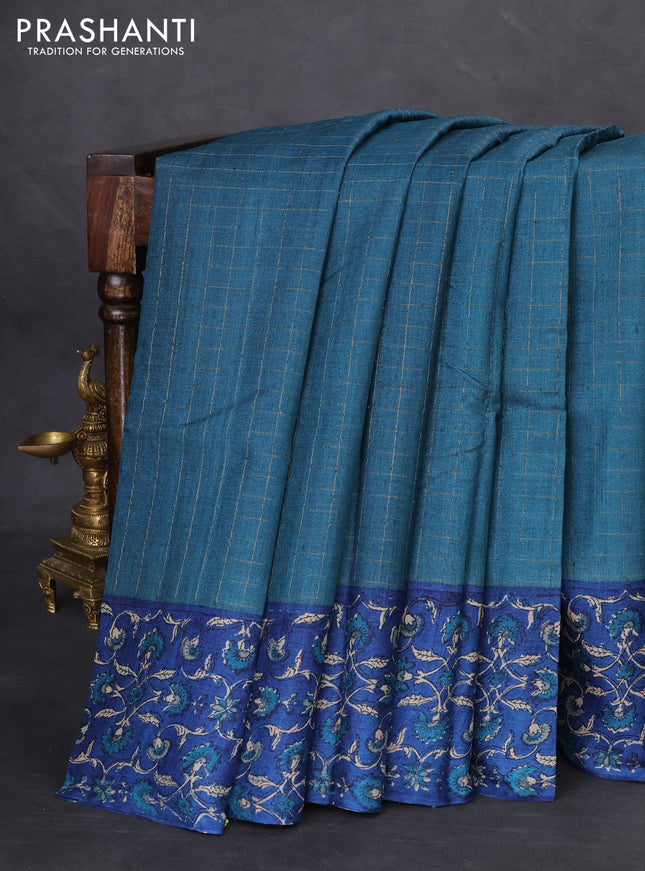 Pure tussar silk saree cs blue and blue with allover zari checked pattern and kalamkari printed border
