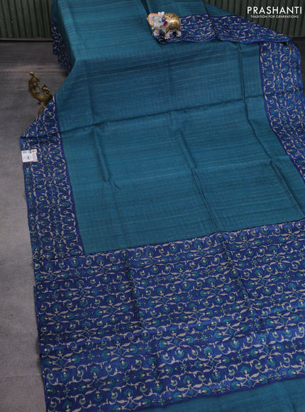 Pure tussar silk saree cs blue and blue with allover zari checked pattern and kalamkari printed border