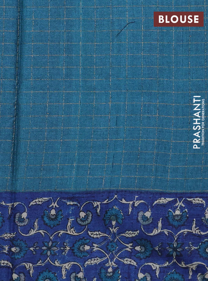 Pure tussar silk saree cs blue and blue with allover zari checked pattern and kalamkari printed border