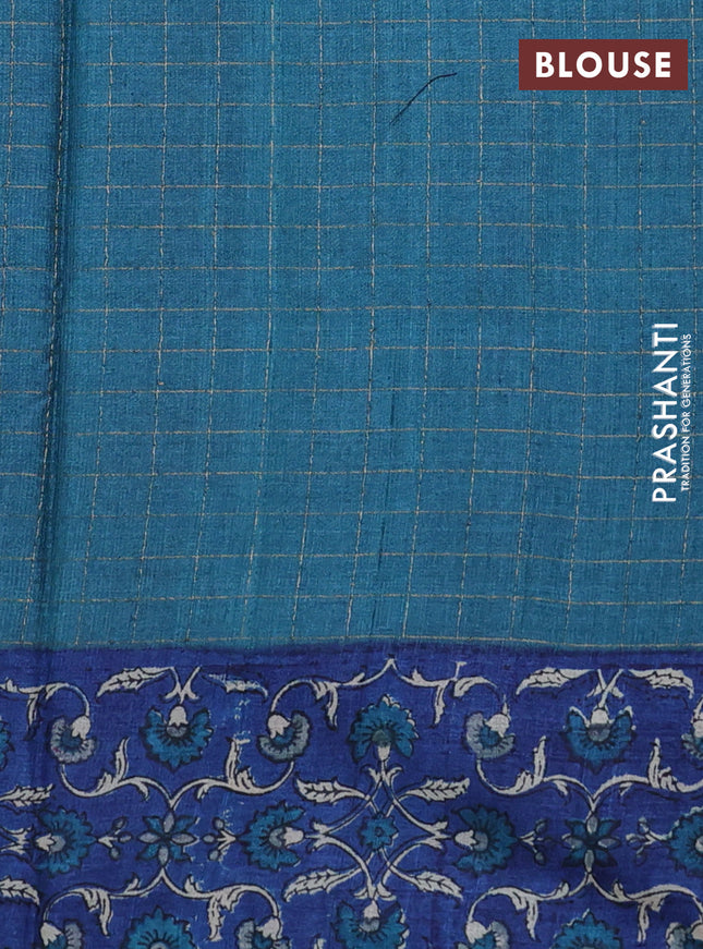Pure tussar silk saree cs blue and blue with allover zari checked pattern and kalamkari printed border