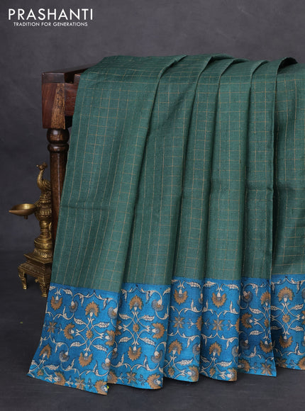 Pure tussar silk saree green and cs blue with allover zari checked pattern and kalamkari printed border