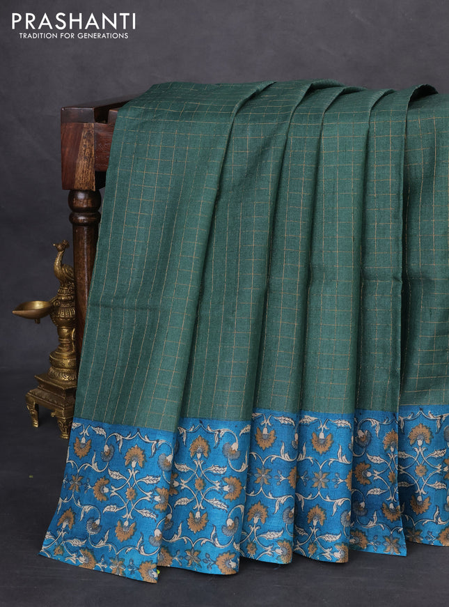 Pure tussar silk saree green and cs blue with allover zari checked pattern and kalamkari printed border