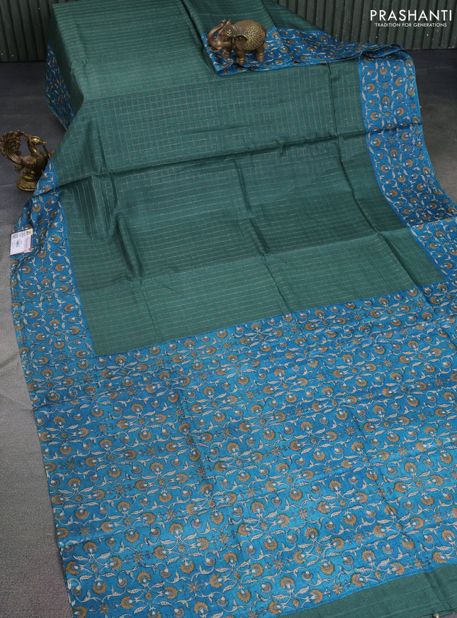Pure tussar silk saree green and cs blue with allover zari checked pattern and kalamkari printed border
