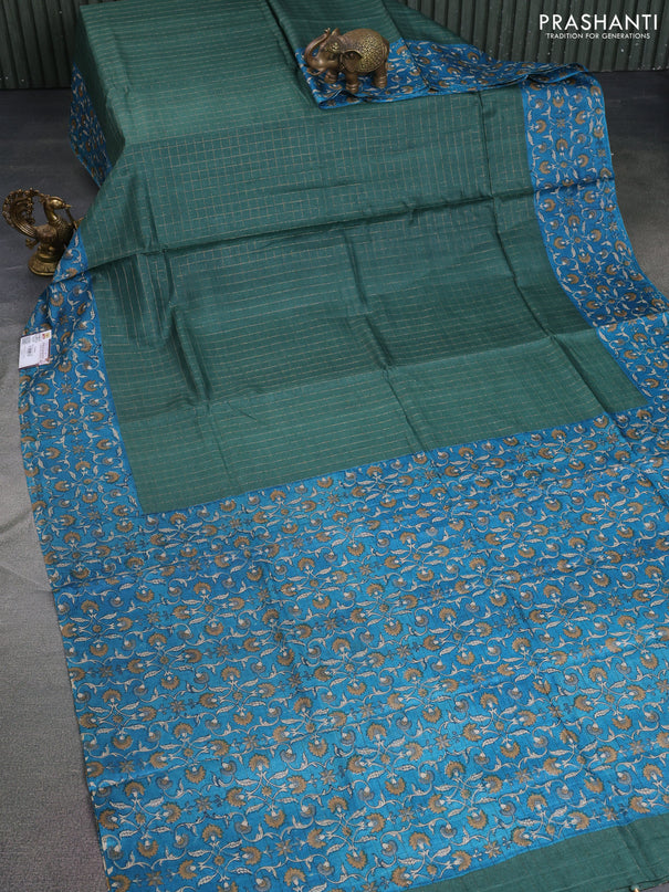 Pure tussar silk saree green and cs blue with allover zari checked pattern and kalamkari printed border