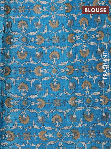 Pure tussar silk saree green and cs blue with allover zari checked pattern and kalamkari printed border