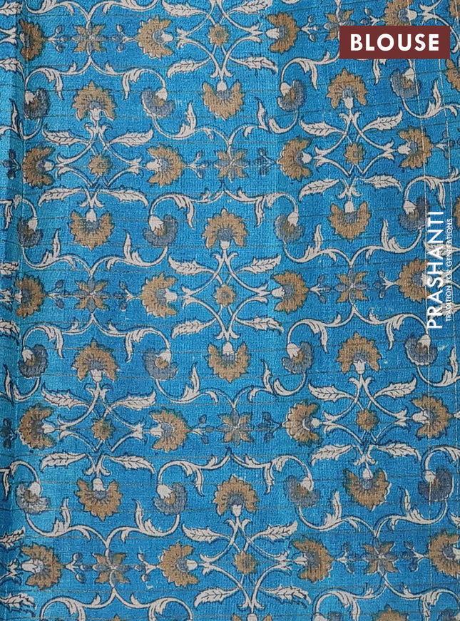 Pure tussar silk saree green and cs blue with allover zari checked pattern and kalamkari printed border