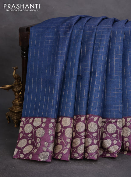 Pure tussar silk saree navy blue and wine shade with allover zari checked pattern and floral printed border