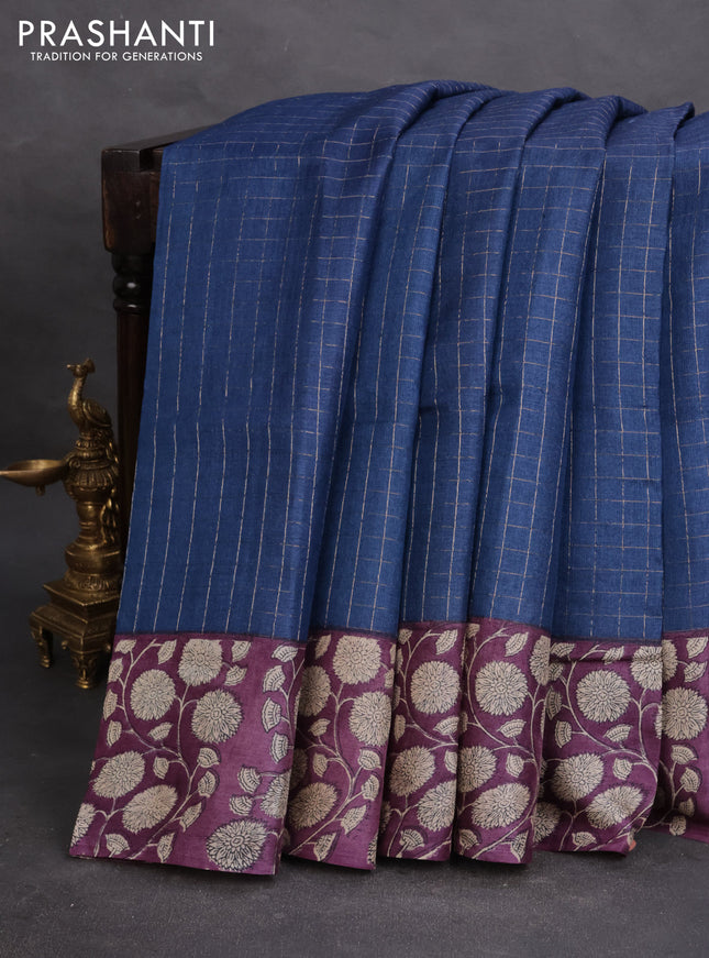 Pure tussar silk saree navy blue and wine shade with allover zari checked pattern and floral printed border