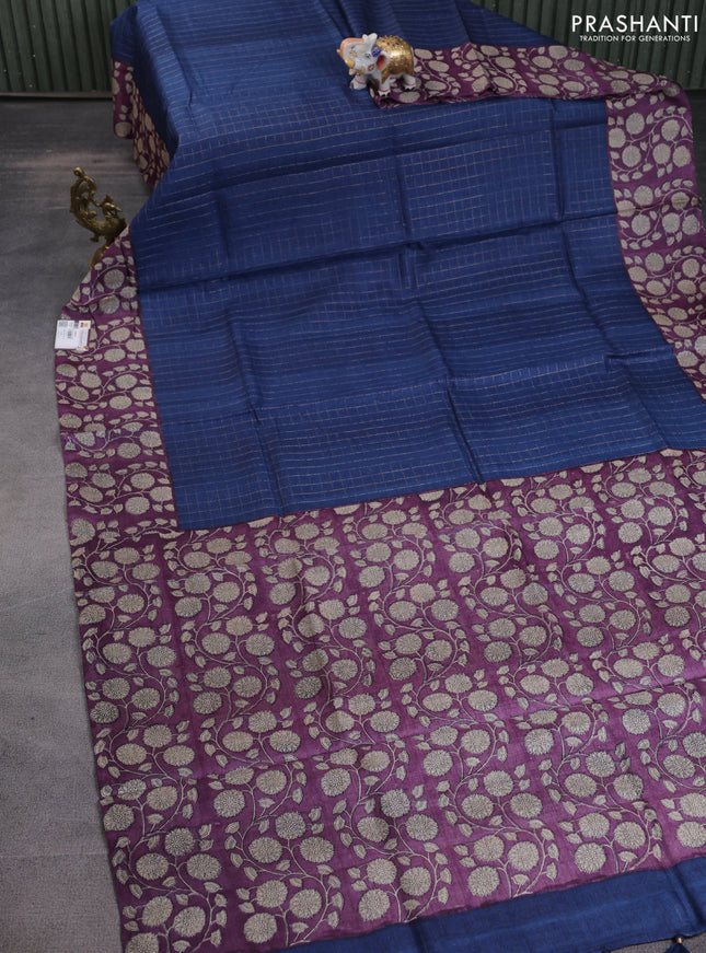 Pure tussar silk saree navy blue and wine shade with allover zari checked pattern and floral printed border