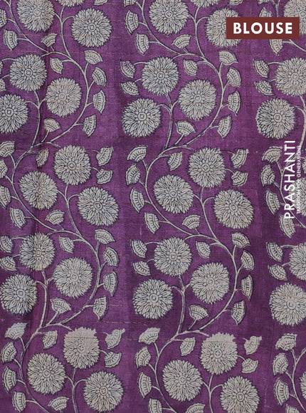 Pure tussar silk saree navy blue and wine shade with allover zari checked pattern and floral printed border