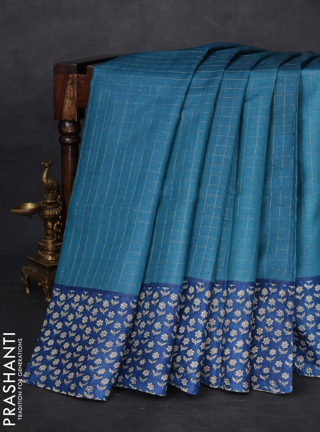 Pure tussar silk saree peacock blue and blue with allover zari checked pattern and floral printed border