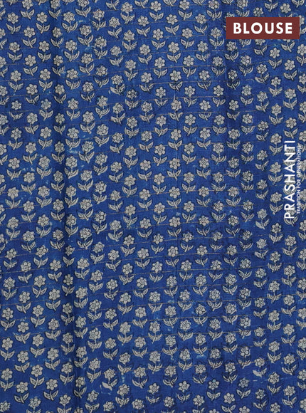 Pure tussar silk saree peacock blue and blue with allover zari checked pattern and floral printed border