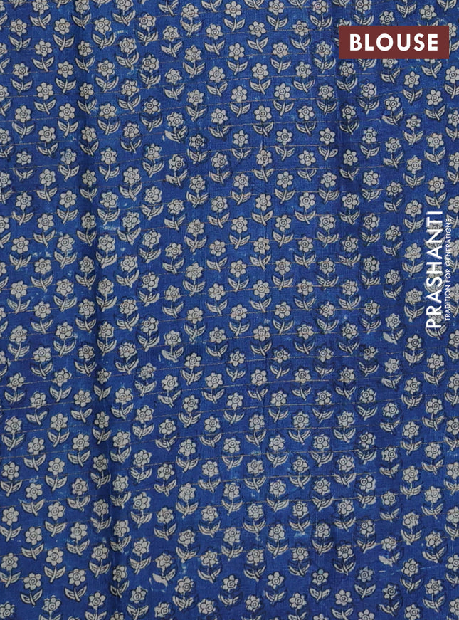 Pure tussar silk saree peacock blue and blue with allover zari checked pattern and floral printed border