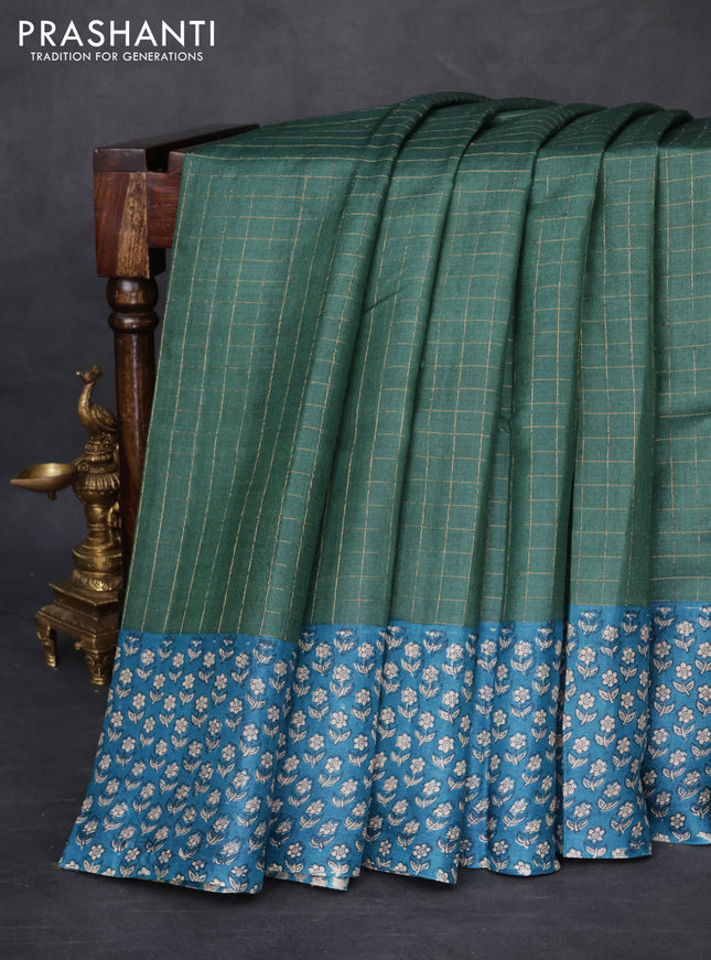 Pure tussar silk saree bottle green and cs blue with allover zari checked pattern and floral printed border