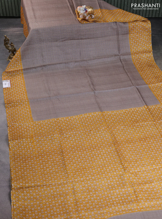 Pure tussar silk saree grey and mustard yellow with allover zari checked pattern and floral printed border